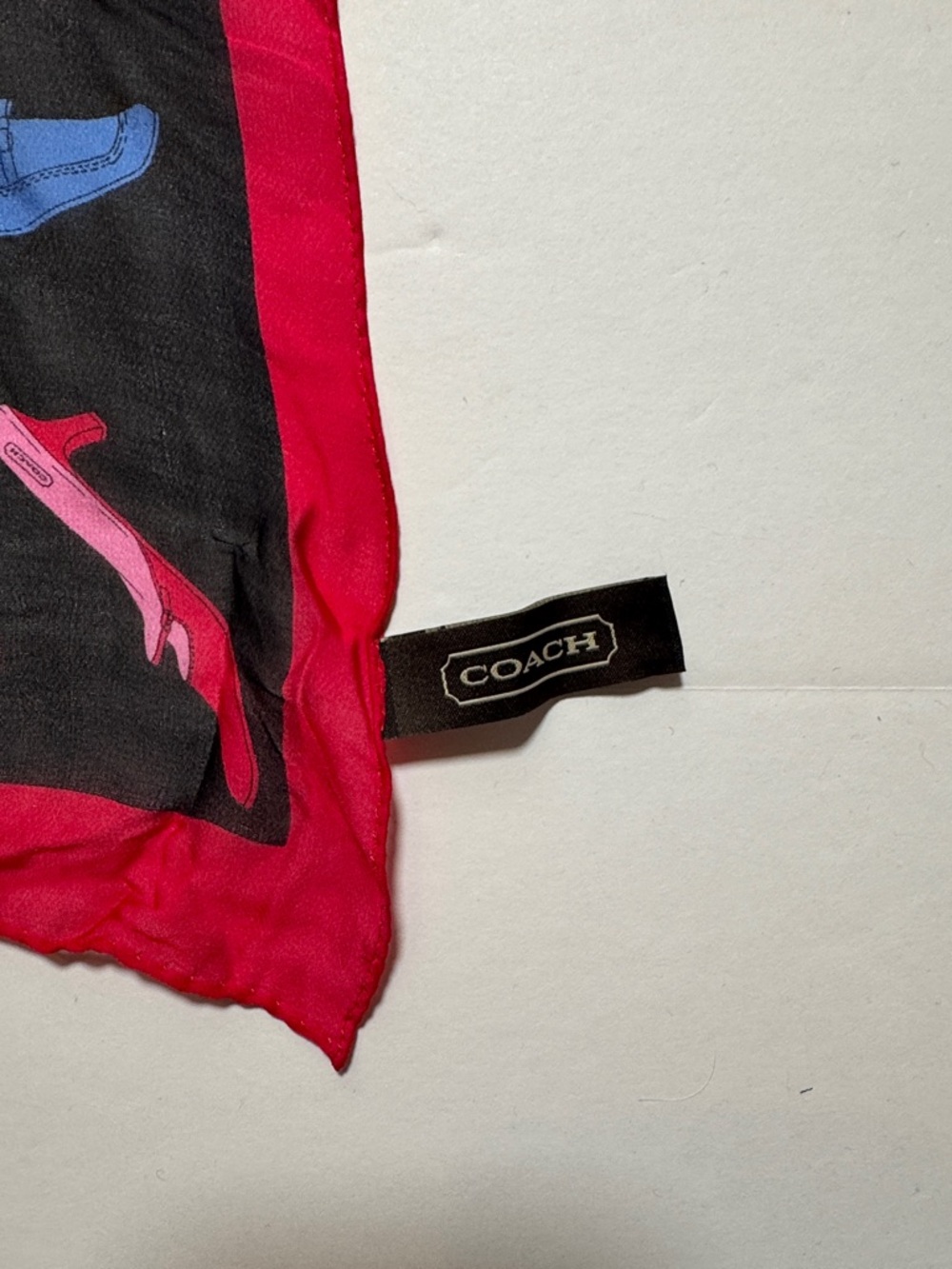 COACH Vintage 100% Silk Black Scarf Bright Shoe Motif Red Border Made in Japan - Picture 3 of 10